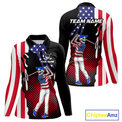 Personalized US flag golf shirts funny skull women's patriotic golf shirts custom ladies golf apparel NQS11384
