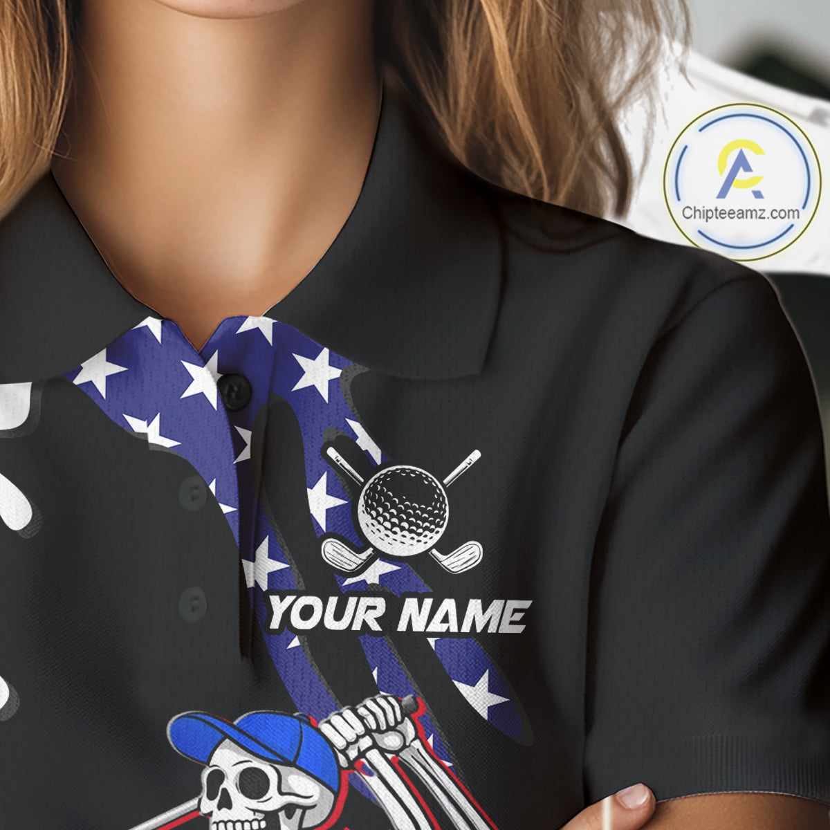 Personalized US flag golf shirts funny skull women's patriotic golf shirts custom ladies golf apparel NQS11384