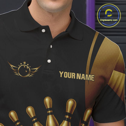 Black and Gold Mens Bowling Polo, Quarter Zip Shirts Custom Team Bowling League Jersey NQS10079
