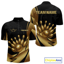 Load image into Gallery viewer, Black and Gold Mens Bowling Polo, Quarter Zip Shirts Custom Team Bowling League Jersey NQS10079