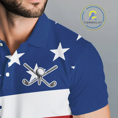 American Flag golf polo shirts for men Custom Red, White and Blue Patriotic mens golf attire NQS10230