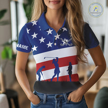 Load image into Gallery viewer, American Flag golf polo shirts for Women Custom Red, White and Blue Patriotic ladies golf attire NQS10230