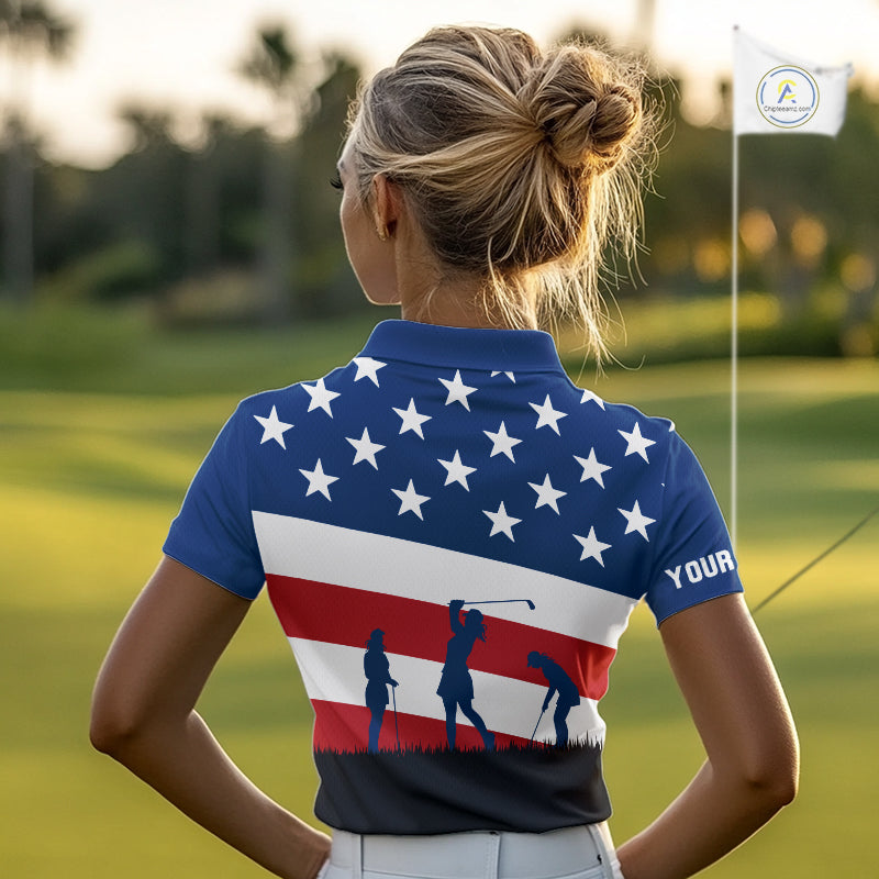 American Flag golf polo shirts for Women Custom Red, White and Blue Patriotic ladies golf attire NQS10230