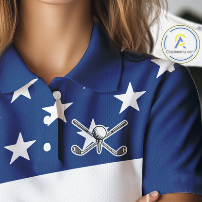 American Flag golf polo shirts for Women Custom Red, White and Blue Patriotic ladies golf attire NQS10230