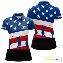 Load image into Gallery viewer, American Flag golf polo shirts for Women Custom Red, White and Blue Patriotic ladies golf attire NQS10230