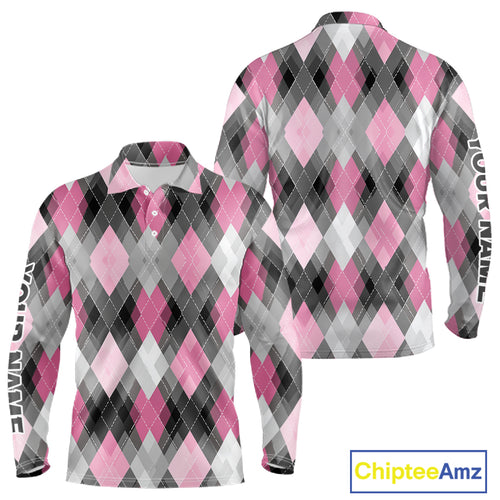 Pink argyle pattern Mens golf polo shirt custom best team golf shirts, golfing gifts NQS10407