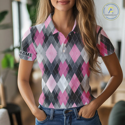 Pink argyle pattern Womens golf polo shirt custom best team golf shirts, golfing gifts NQS10407