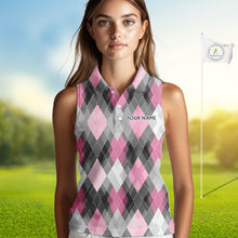 Load image into Gallery viewer, Pink argyle pattern Women Sleeveless polo shirt custom best team golf shirts, golfing gifts NQS10407