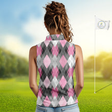 Load image into Gallery viewer, Pink argyle pattern Women Sleeveless polo shirt custom best team golf shirts, golfing gifts NQS10407