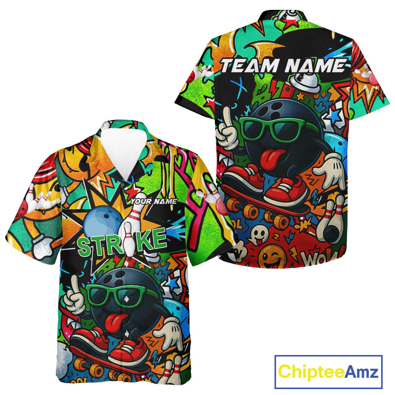 Custom Funny colorful pattern Bowling Team Hawaiian shirt, Bowling Button up shirt NQS10094