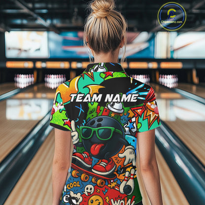 Custom Funny colorful pattern Bowling Team Polo, Quarter Zip Shirt For Women, Ladies Bowling Jersey NQS10094