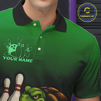 Custom Green Turtle Bowling Polo, Quarter Zip shirts For Men, Bowling tournament Team Jerseys NQS10624