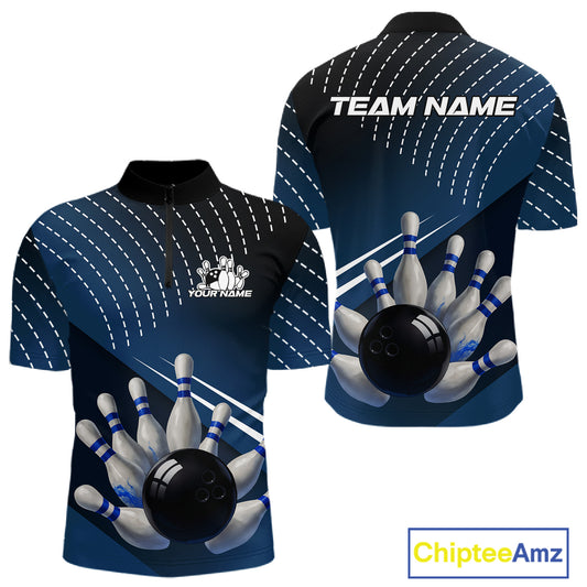 Black and Blue Bowling Polo, Quarter Zip shirts For Men Custom Bowling tournament Team Jerseys NQS10625