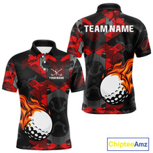 Load image into Gallery viewer, Black and Red Camo Flame Golf Ball Custom Men golf polo shirt, personalized golf top for men NQS10100