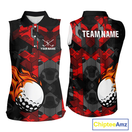 Black and Red Camo Flame Golf Ball Custom Womens Sleeveless polo shirts, golf top for ladies NQS10100