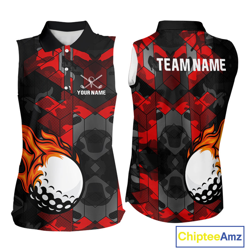Black and Red Camo Flame Golf Ball Custom Womens Sleeveless polo shirts, golf top for ladies NQS10100