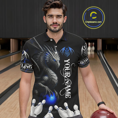 Black And Blue Dragon Bowling Polo, 1/4 Zip Shirt For Men Custom Dragon Bowling Team League Jersey NQS10628