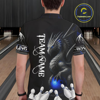 Black And Blue Dragon Bowling Polo, 1/4 Zip Shirt For Men Custom Dragon Bowling Team League Jersey NQS10628