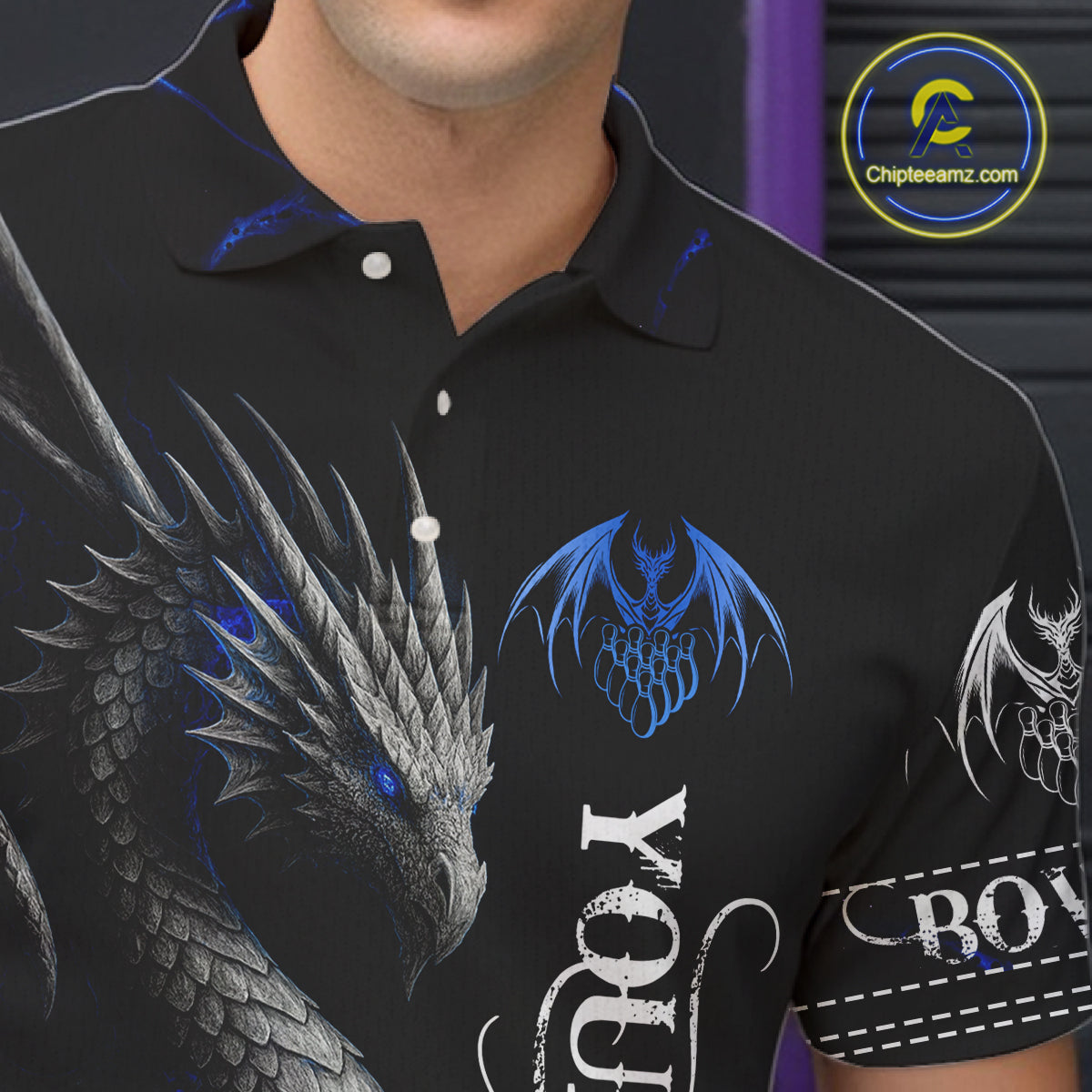 Black And Blue Dragon Bowling Polo, 1/4 Zip Shirt For Men Custom Dragon Bowling Team League Jersey NQS10628
