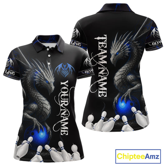 Black And Blue Dragon Bowling Polo, 1/4 Zip Shirt For Women Custom Dragon Bowling Team League Jersey NQS10628