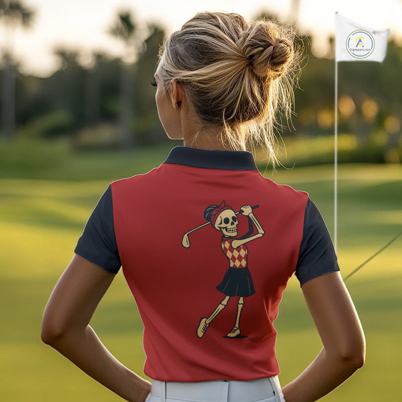 Red and Black argyle pattern Skull Golf Polo Shirts for Women Custom funny ladies golf outfit NQS10250