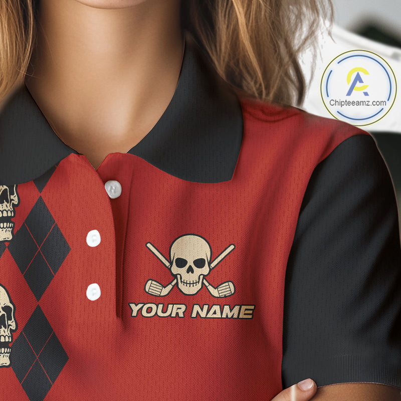 Red and Black argyle pattern Skull Golf Polo Shirts for Women Custom funny ladies golf outfit NQS10250