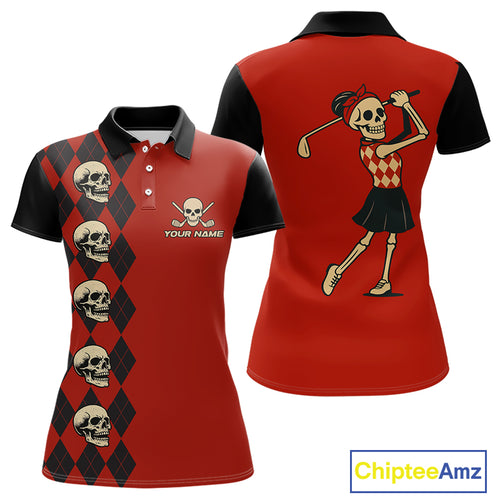 Red and Black argyle pattern Skull Golf Polo Shirts for Women Custom funny ladies golf outfit NQS10250