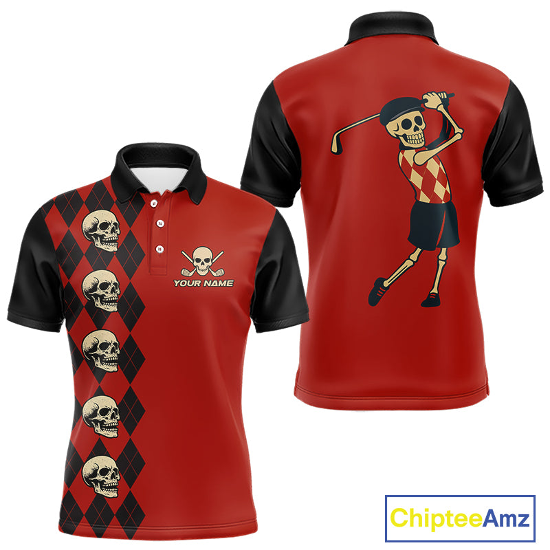 Red and Black argyle pattern Skull Golf Polo Shirts for men Custom mens golf outfit, funny golf gifts NQS10250