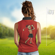 Load image into Gallery viewer, Red and Black argyle pattern Skull Women Sleeveless Polo Shirt Custom funny ladies golf outfit NQS10250