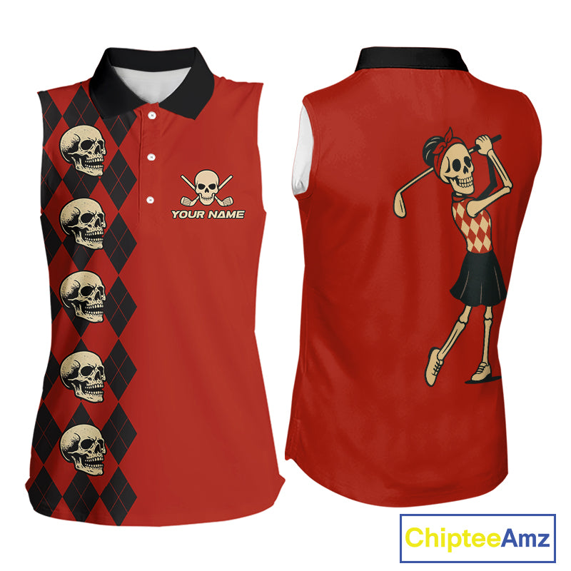 Red and Black argyle pattern Skull Women Sleeveless Polo Shirt Custom funny ladies golf outfit NQS10250