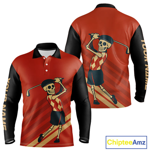 Funny argyle pattern Skull Golf Polo Shirts for men Custom mens golf attire, cool golf gifts | Red NQS10251