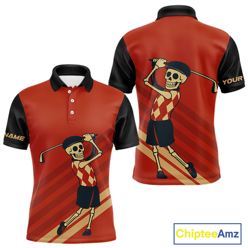 Funny argyle pattern Skull Golf Polo Shirts for men Custom mens golf attire, cool golf gifts | Red NQS10251