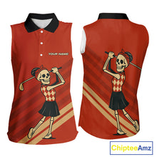 Load image into Gallery viewer, Funny argyle pattern Skull Women Sleeveless Polo Shirt Custom ladies golf attire, cool golf gift| Red NQS10251