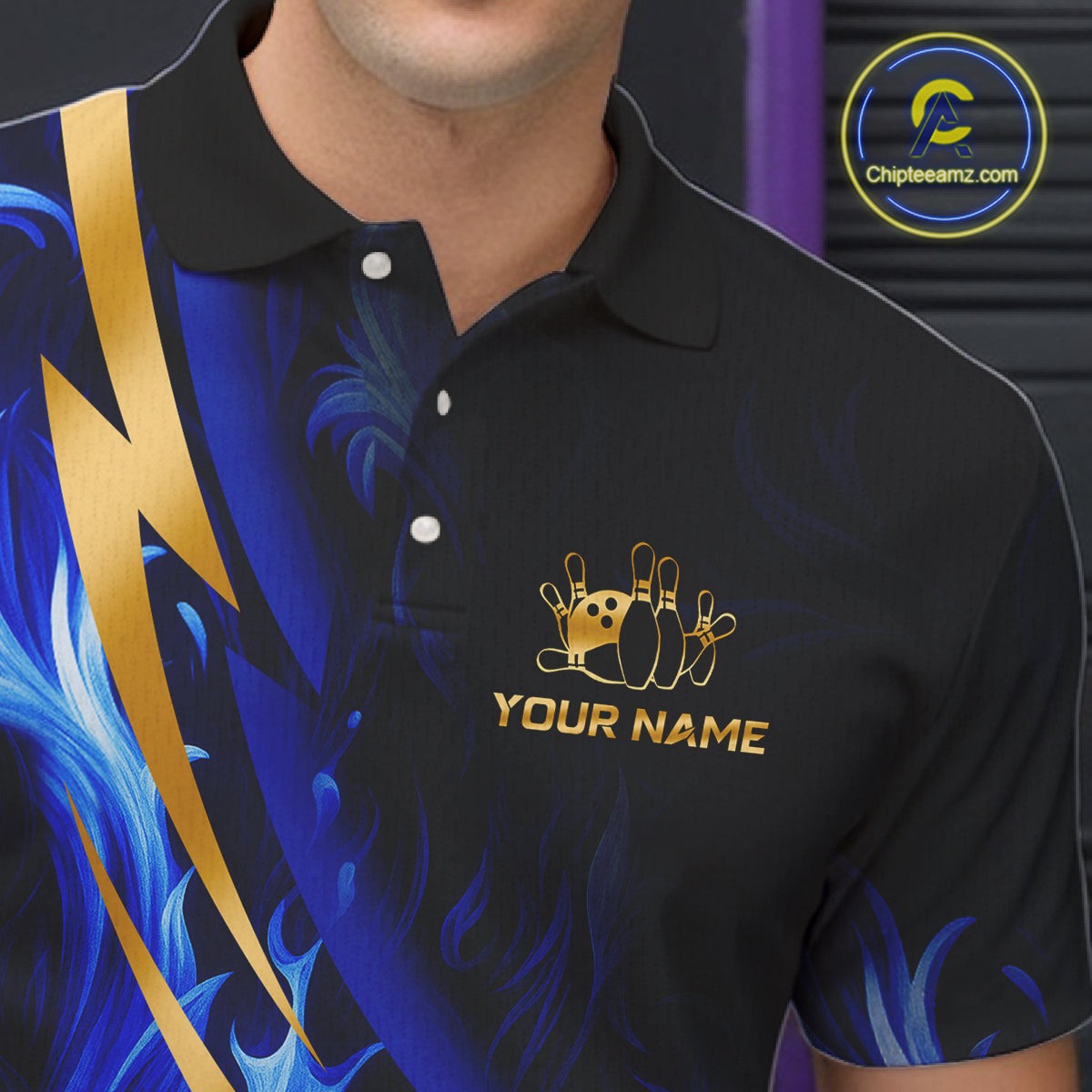 Personalized Bowling Polo, Quarter Zip Shirts for Men Custom Blue Flame and Gold Bowling Team Jersey NQS10446