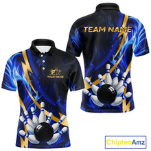 Load image into Gallery viewer, Personalized Bowling Polo, Quarter Zip Shirts for Men Custom Blue Flame and Gold Bowling Team Jersey NQS10446