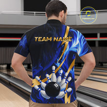 Load image into Gallery viewer, Personalized Bowling Polo, Quarter Zip Shirts for Men Custom Blue Flame and Gold Bowling Team Jersey NQS10446
