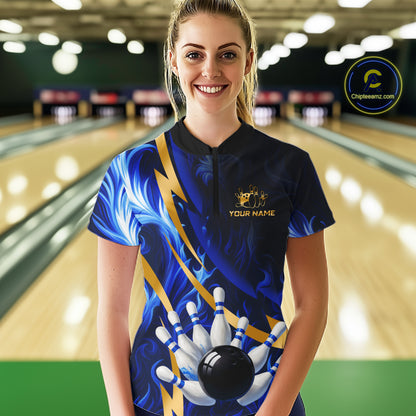 Personalized Bowling Polo, Quarter Zip Shirt for Women Custom Blue Flame and Gold Bowling Team Jersey NQS10446