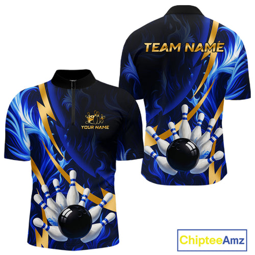 Personalized Bowling Polo, Quarter Zip Shirts for Men Custom Blue Flame and Gold Bowling Team Jersey NQS10446