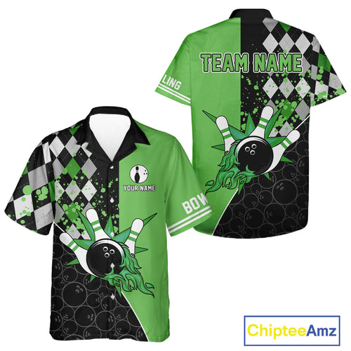 Custom Black and Green argyle pattern flame Bowling Team Jersey Bowling Hawaiian Shirt NQS10450
