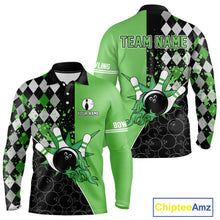 Load image into Gallery viewer, Custom Black and Green argyle pattern flame Bowling Team Jerseys, Bowling Polo, 1/4 Zip Shirt for Men NQS10450