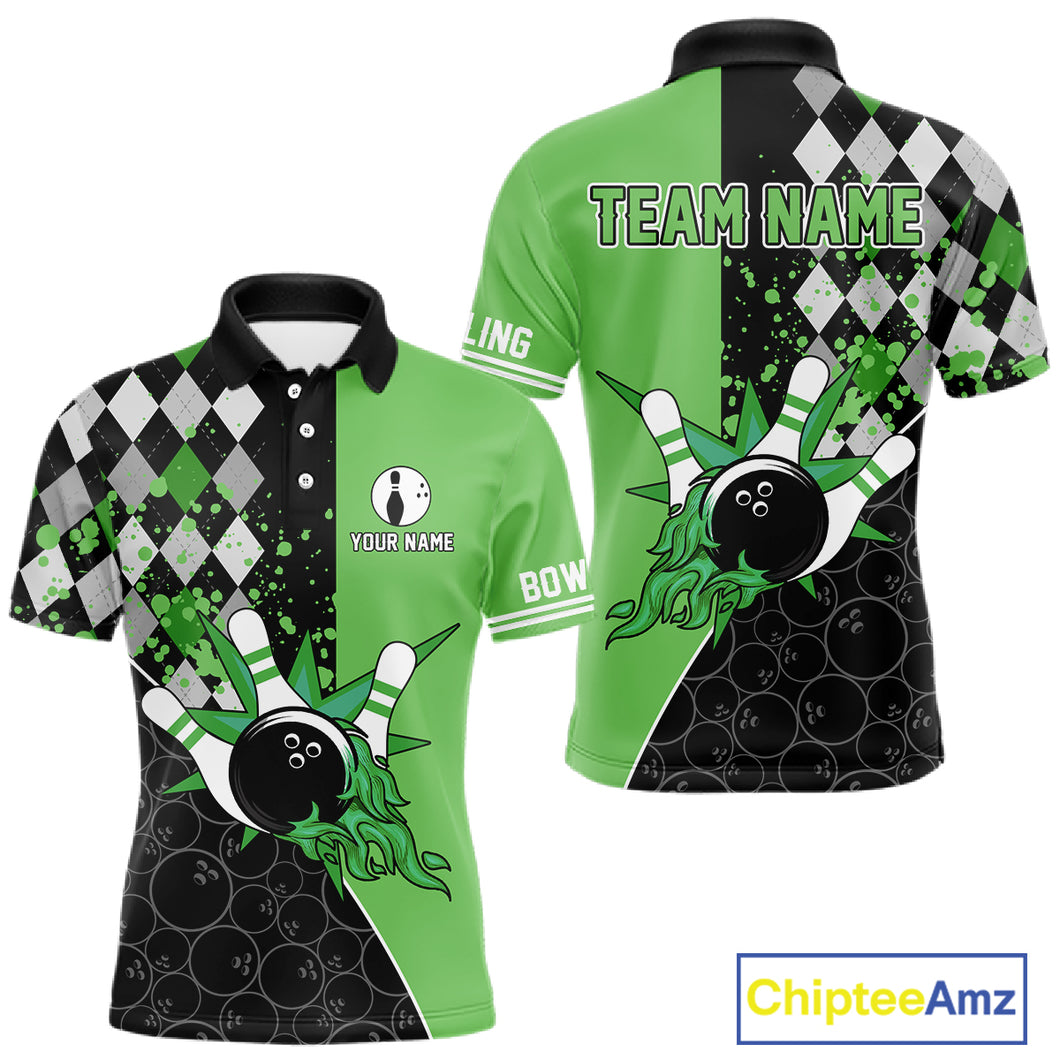 Custom Black and Green argyle pattern flame Bowling Team Jerseys, Bowling Polo, 1/4 Zip Shirt for Men NQS10450