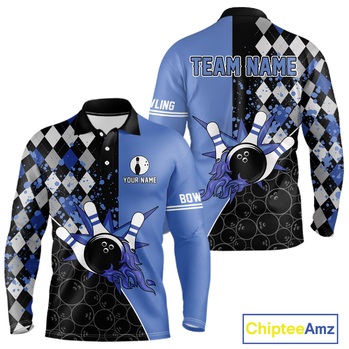 Custom Black and Blue argyle pattern flame Bowling Team Jerseys, Bowling Polo, 1/4 Zip Shirt for Men NQS10451
