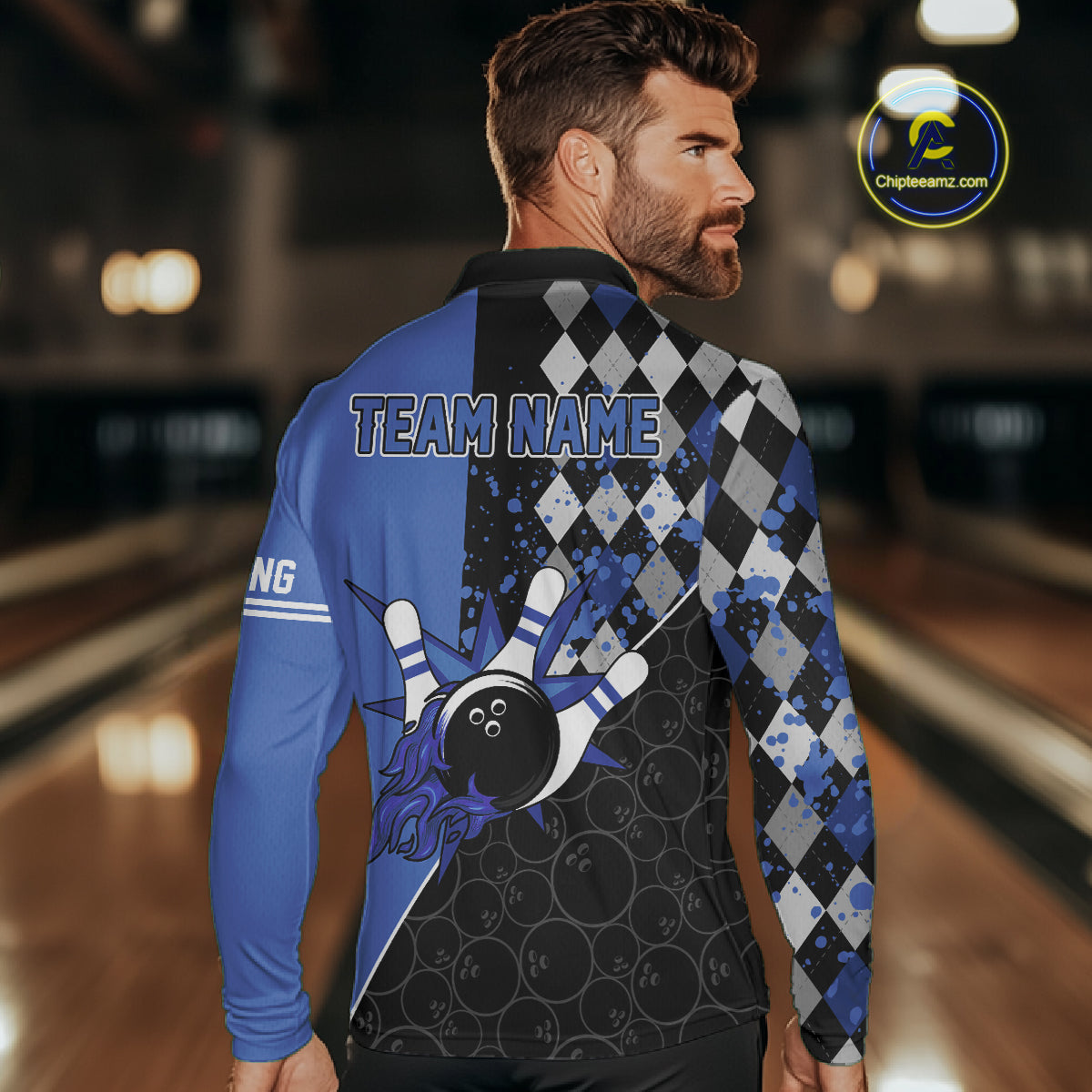 Custom Black and Blue argyle pattern flame Bowling Team Jerseys, Bowling Polo, 1/4 Zip Shirt for Men NQS10451