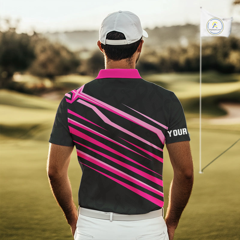 Pink and Black ribbon pattern Men golf polo shirts Custom breast cancer golf attire for men NQS10115