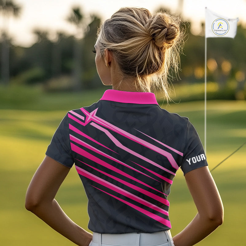 Pink and Black ribbon pattern Women golf polo shirts Custom breast cancer golf attire for ladies NQS10115