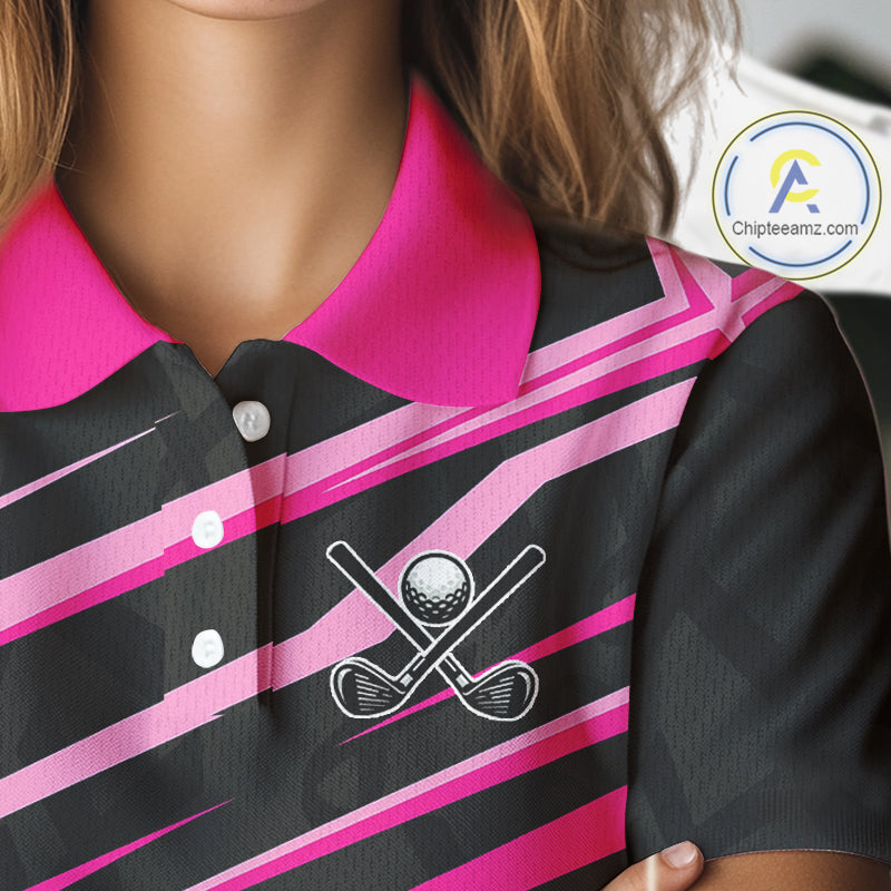 Pink and Black ribbon pattern Women golf polo shirts Custom breast cancer golf attire for ladies NQS10115