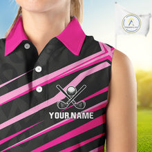 Load image into Gallery viewer, Pink and Black ribbon pattern Women Sleeveless polo shirt Custom breast cancer golf attire for ladies NQS10115