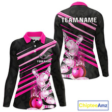 Load image into Gallery viewer, Pink and Black ribbon pattern Women Bowling Shirts Custom breast cancer awareness Team Bowling Jersey NQS10116