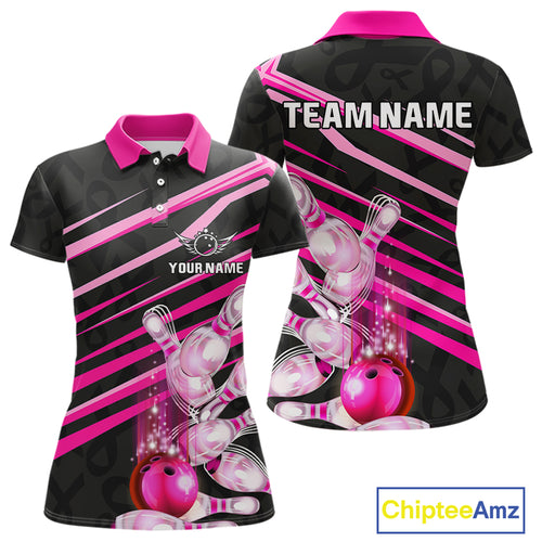 Pink and Black ribbon pattern Women Bowling Shirts Custom breast cancer awareness Team Bowling Jersey NQS10116