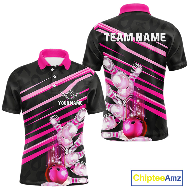 Pink and Black ribbon pattern Men Bowling Shirts Custom breast cancer awareness Team Bowling Jersey NQS10116